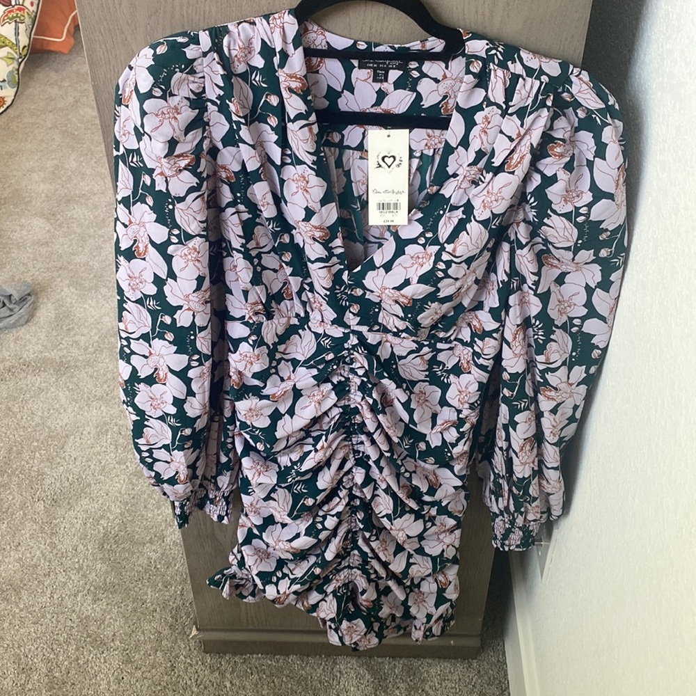 Floral long sleeve rouche dress